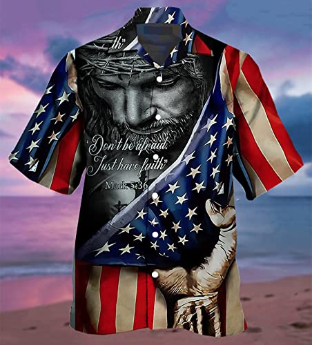Uraweso American Flag Shirts For Men Patriotic Jesus Independence Day Summer Hawaiian Button Up Shirt Xxl #TOP3