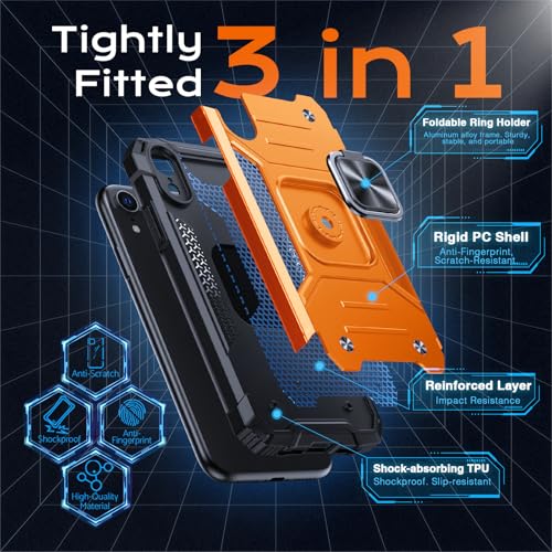 Image of Anqrp Heavy Duty Case for iPhone XR Case with Enhanced Ring Holder Grip Stand, Military Grade Shockproof Rugged Drop Protective Silicone Hard Slim iPhone XR Phone Case Cover,Orange