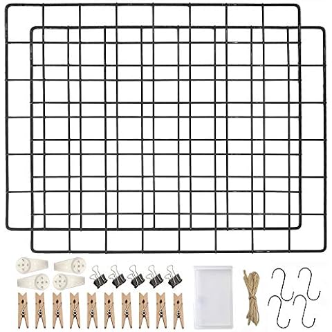 LOYONAL Grid Pin Board Metal Grid Decorative Wall - Memo Board Grid Decorative Grid Wall - Photo Grid Photo Wall Metal - Pack of 2 Wall Grille Black - Room DIY Cover