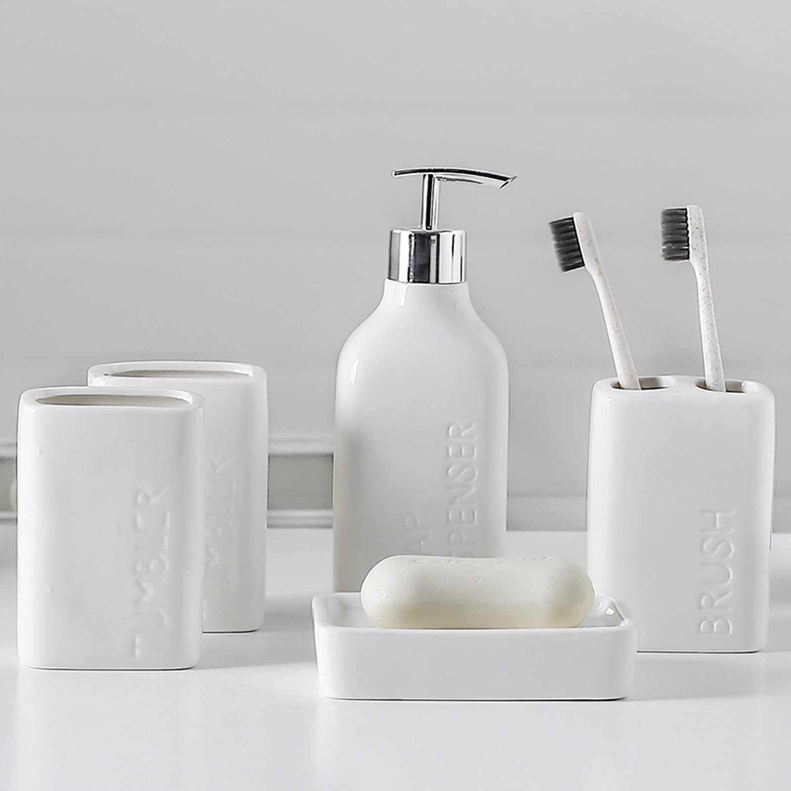 Juego de dispensador de jabón de baño 5 Piezas, Dispensador de jabón de cerámica, con dispensador de jabón, Porta Cepillo de Dientes, Vaso de baño y jabonera -Blanco
