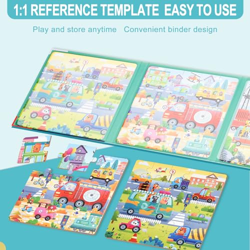 Image of ASTARON Magnetic Puzzles 97 Pieces Traffic Kids Educational Travel Toys | Folding puzzle book, each book contains 3 scenes, 3 difficulty levels, advanced puzzle book, easy to store, educational toy