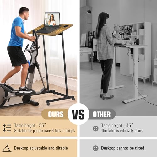 Eocnrhe Treadmill Desk, Mobile Small Standing Desk with Wheels for Walking Pad, Portable Table for Laptop, Rolling Table Adjustable Height, Bedside Table,Brown 4 Eocnrhe Treadmill Desk, Mobile Small Standing Desk with Wheels for Walking Pad, Portable Table for Laptop, Rolling Table Adjustable Height, Bedside Table,Brown - Image 4
