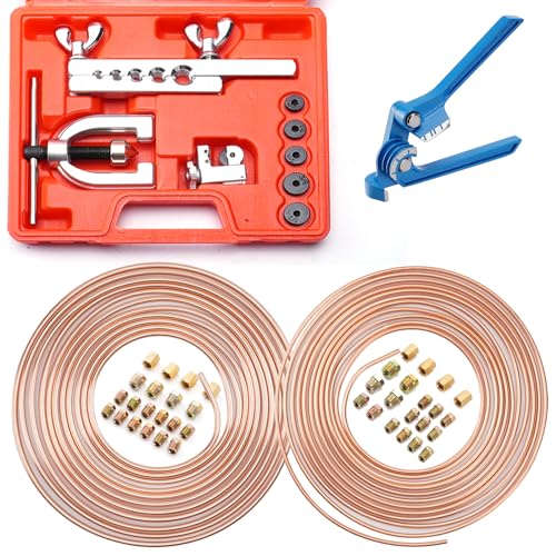 Image of 25FT 1 /4 inch + 3 /16 inch Copper Brake Line Kit | Includes 32 Fittings and 8 Unions + Tube Bender + Brake Line Double & Single Flaring Tool Kit