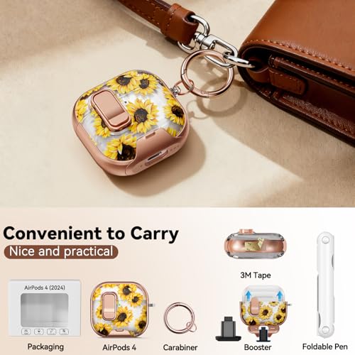 Image of for AirPods 4 Case, with Safty Lock & Phone Stand for Floral AirPods 4th Generation Case Cover for Women Girly, iPod 4 Case with Keychain & Cleaner Kit - Yellow Sunflower
