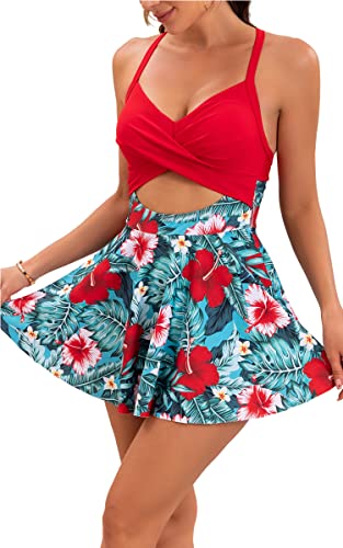 Image of B2prity Women Cutout One Piece Skirt Swimsuit V Neck Wrap Tie Back Swimdress Tummy Control Bathing Suits Slimming Swimwear