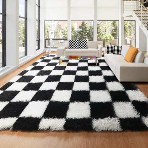 Image of KICMOR 8x10 Area Rugs for Living Room, Large Fluffy Soft Black and White Checkered Shag Shaggy Bedroom Carpets, Indoor Big Fuzzy Plush Rug for Kids Boys Girls Teen Dorm Nursery Home Decor Aesthetic