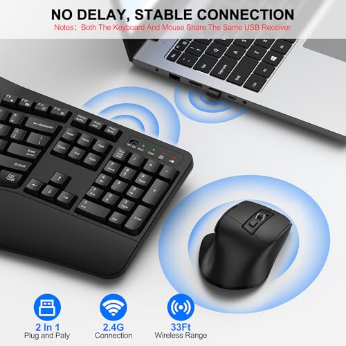 Wireless Keyboard and Mouse Combo 24G Full Size Wave Keys Ergonomic Keyboard with Wrist Rest and 3 Level DPI Adjustable Wireless Ergonomic Mouse for Windows Mac OS DesktopLaptopPCBlack