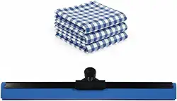 Kit Rodo de Limpeza de Metal 40cm com Borracha Dupla Camada + 3 Panos de Chão de Algodão Xadrez 45x65cm – Rodo Grande para Secar Piso Residencial e Profissional – Não Acompanha Cabo