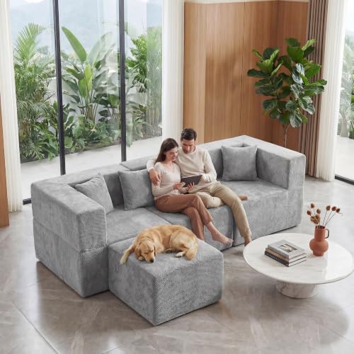 Image of MONVANE 103'' Oversized Boneless Sectional Couches for Living Room, 4-Seat L Shaped Cloud Couch, Modular Sofa with Ottoman & 4 Throw Pillows, Comfy Chenille, No Assembly Required, Light Gray