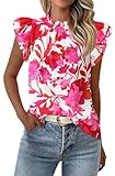 PRETTYGARDEN Women's Ruffle Short Sleeve Summer Tops 2025 Trendy Floral Trim Neck Casual Dressy Chiffon Boho Blouses Shirts (White Red Flower,M)