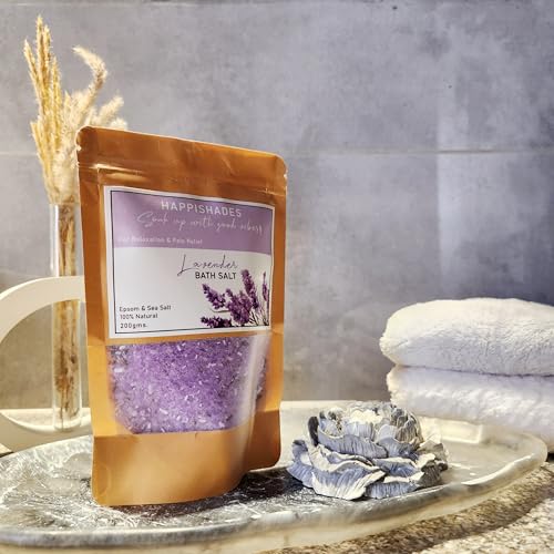Image of Happishades Bath Salt | For Body & Foot Spa, Calming, Relaxing, Muscle Aches Pain Relief, Aromatherapy | Pure & Natural Epsom, Sea Salt & Essential Oils - 200 grams (Lavender & Mint)