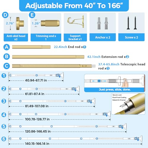 Image of AIZESI 41-165 Inch Heavy Duty Gold Tension Curtain Rod - No Drilling, Adjustable, Rust-Proof for Outdoor, Living Room, Bathroom