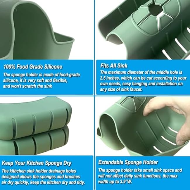 Sponge Silicone Holder for Kitchen Sink, Sponges Holder Over Faucet, Hanging Kitchen Sink Organizer Accessories Rack Basket (Green)