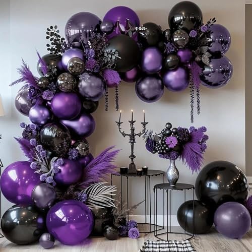 Image of Purple and Black Balloons Dark Purple Balloon Garland Arch Lavender Lilac Kit For Wednesday Birthday Halloween Vampire Retirement Graduation Prom Party Decoration