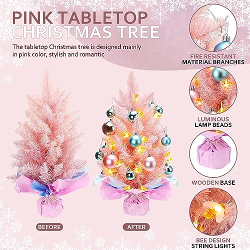 Liliful 2 Pçs Mini Árvore de Natal Rosa de 61 cm, Pequena Árvore de Natal de Mesa Mini Árvores de Na