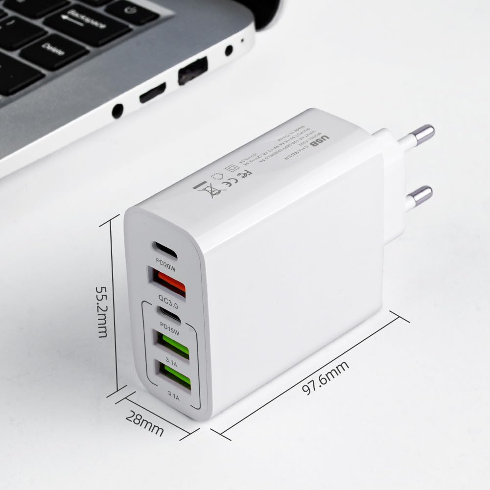 AXFEE Caricatore Rapido USB Multipla PD & QC3.0, Alimentatore Caricabatterie Spina USB C 65W 5Porto, Carica USB da Muro, Carica Cellulare per iPhone 12/11/XS/X,Samsung Galaxy S21/S20,Xiaomi,Huawei