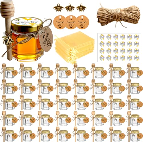 Adabocute Mini Honey Jars, Honey Pot with Dipper, Hexagon Glass Honey Jars Baby Shower Favors, Party Favors & Wedding Favors, Gold Lid, Bee Pendants, Gold Organza Bags, 40 Pack 1.5oz