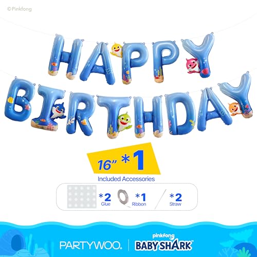 Image of PartyWoo Baby Shark Blue Happy Birthday Banner Letter Balloons 16 Inch Blue Mylar Foil Letter Balloons for Boys and Girls Baby Shark Under the Sea Ocean Theme Kids Birthday Party Decorations