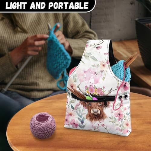 Image of ZUXONGSY Highland Cow Crochet Yarn Bag for Women Pink Floral Knitting Tote Bag for on The Go Travel Portable Knitting Project HanbBag for Crochet Hooks