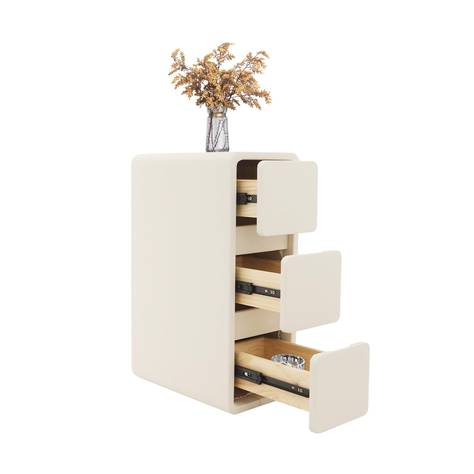 3-Layers Narrow, Solid Wood Bedside Table with Drawers, Modern Night Stand Top Storage Platform, PU Wrapping Side End for Bedroom Living Room Office (Cream Color)