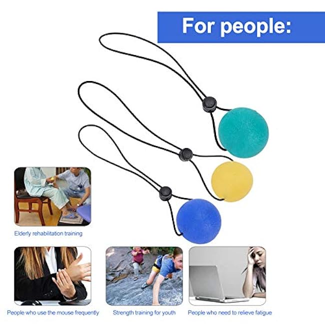 Silicone handle squeeze, with cord Antistress balls, hand trainer Finger trainer 3 pieces hand balls Climbing ball hand training device for pressure relief(Yellow15Blue30Green35 /