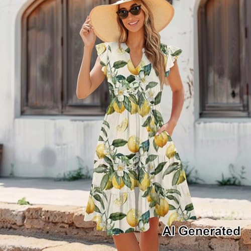 Image of Womens Summer Dress Ruffle Sleeve V Neck Dress Casual Fit Flowy Beach Vacation Sundress with Pocket S-2XL