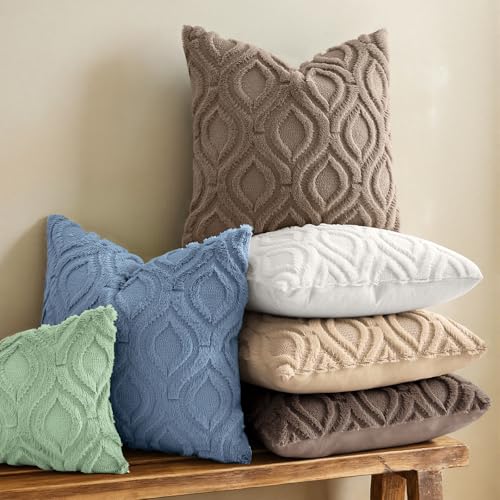 Image of decorUhome Fall Throw Pillow Covers 18x18 Inch Set of 2, Soft Plush Faux Wool Light Brown Solid Couch Pillow Covers, Accent Farmhouse Neutral Square Pillow Cases for Sofa Bed Living Room