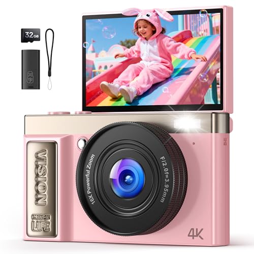 Digitalkamera 4K 64MP Kamera Fotokamera: Rosa Digital Kamera für Vlog - Digital Camera Autofokus - Vintage Fotokamera Kinder - Geschenke für Teenager Junge Mädchen 10-18 Jahre - 180° Klapp-Bildschirm