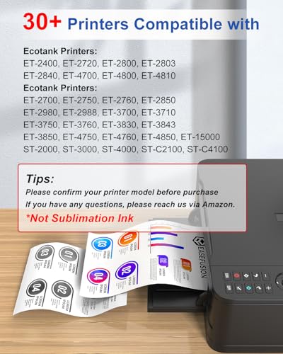 Image of EaseFusion 522 High Capacity Ink Refill Bottle (5-Bottles) Replacement for Epson 522 Ink Works with EcoTank ET-2800 ET-2803 ET-2400 ET-4800 ET-4700 Printers 550ml Total Black and Color Combo