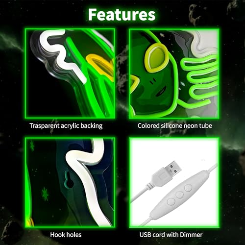 Image of Alien Neon Sign,Dimmable Green Alien Led Neon Lights for Wall Decor Game Room Home Bar Party Bedroom Man Cave Decor,USB Powered Alien Light up Sign Gifts for Kids Teen Boy Room Decor