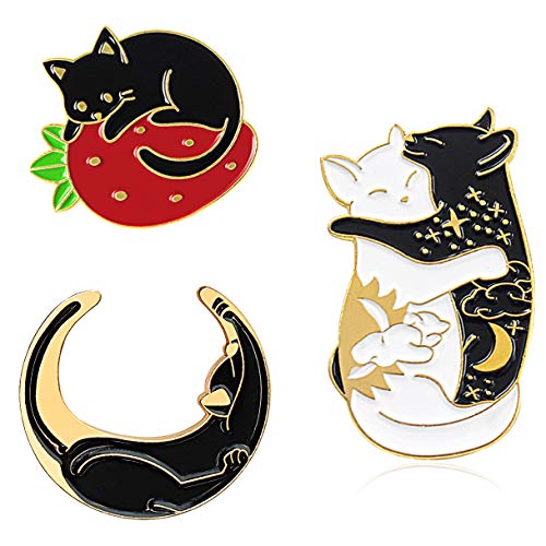 Chamqueen 3pcs Cartoon Black Cats Brooch Cute Cats Enamel Lapel Pins Set Cats Badges for Clothing Bags Backpacks Gold