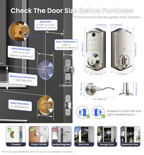Veise VE017-L Fingerprint Smart Lock with Lever Handles, App Control, Keyless Entry Front Door Lock Set, Electronic Digital Keypad Deadbolt, Remote Grant, Emergency Power Port, Auto Lock, Satin Nickel thumbnail 9