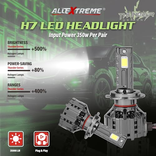 Image of AllExtreme H7 350W LED Headlight Bulb for Cars IP68 Water-Resistant Super Bright 6000K /35000LM Conversion Kit with 3 Copper Tube Heat Conduction System (1 Year Warranty, Set of 2)