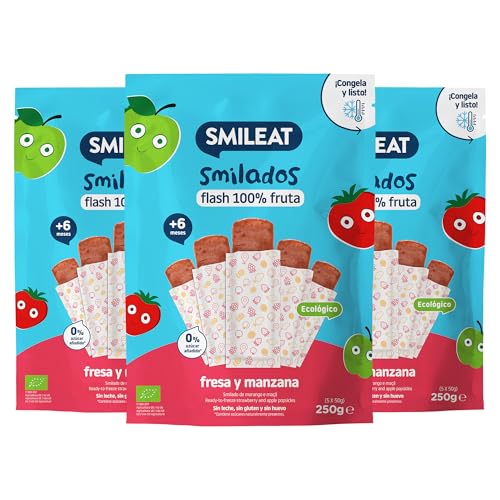 SMILEAT Pack 3 Smilados Flash Helado de Fresa y Manzana Ecológico para Niños | Polos Flash para Congelar | SIN Azucar, Gluten ni Lactosa | Perfecto como alternativa a los Helados | 15x50g | 750g