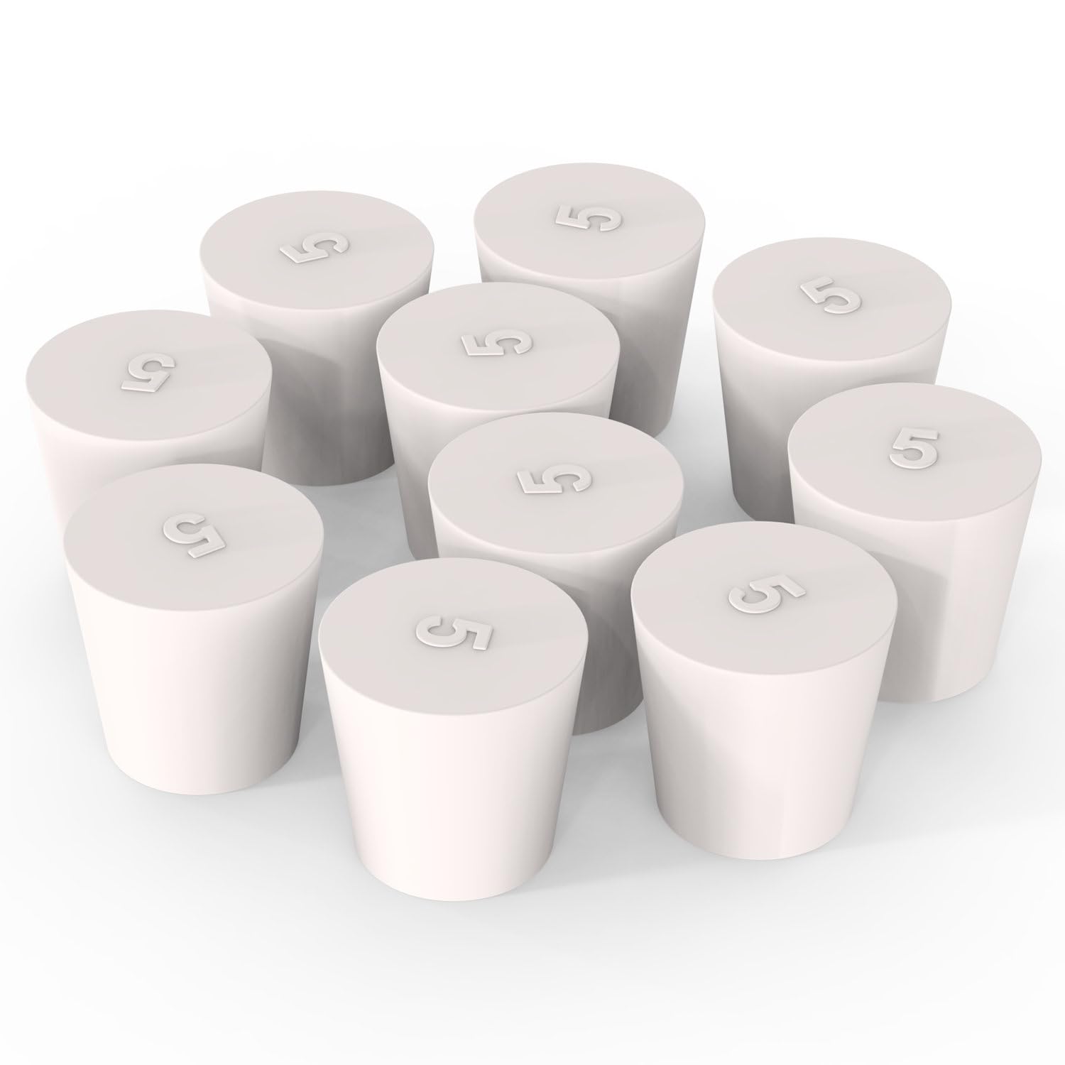 XCD Solid Rubber Stoppers (10-Pack), 5# Dia. 22.8 mm/0.90" x 29 mm/1.14", Length 29 mm/1.14" White Tapered Lab Seal Rubber Stoppers Fits Most 100 ml