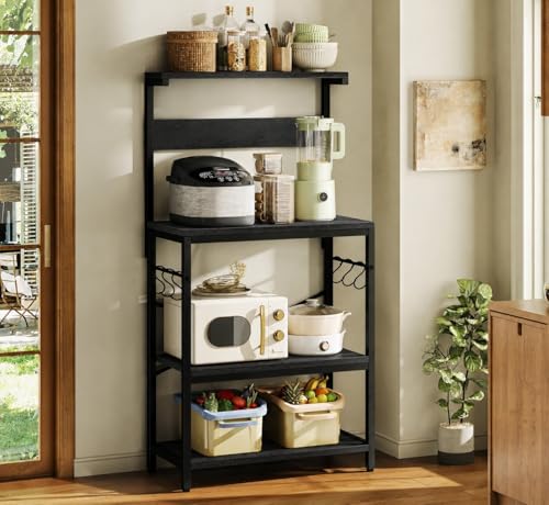 Image of 4-Tier Baker's Rack and Coffee Bar Table | Kitchen Microwave Stand with 6 S-Hooks | Storage Shelf for Spices, Pots and Pans | Black | 60x40x125 cm