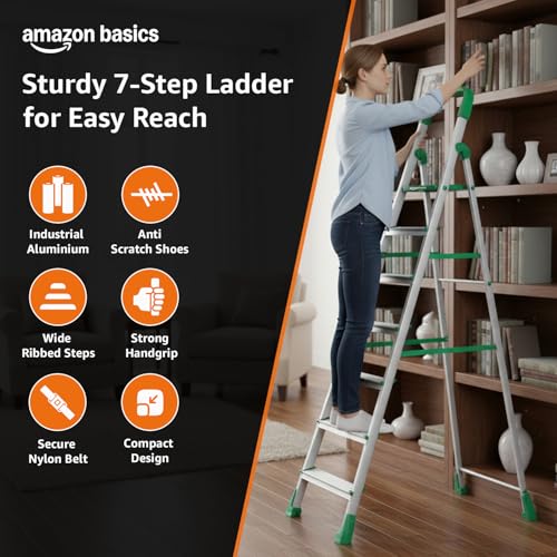 Image of Amazon Basics Clamber Pro - Foldable Step Ladder, Firm Grip, 7 Steps (Aluminium Steps, Green & Satin)