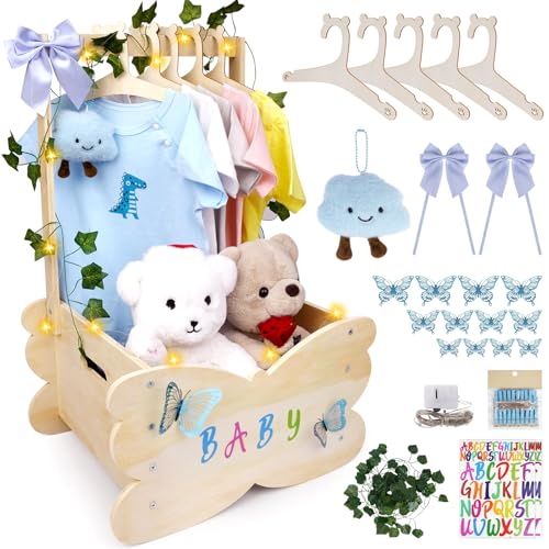 FVNPIHAM Wooden Baby Shower Crate Closet, Baby Shower Basket with 8 kinds of Accessories Personalized Newborn Boys Girls Gifts, Storage Crate Gifts for New Parent Pregnancy