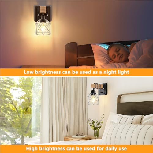 Image of FadimiKoo Wall Sconces Set of Two, Bedside Wood Wall Lamps with Rotary Switch, Black Bathroom Vanity Light with Silver Wire Cage, Rustic Dimmable Sconces Wall Lighting for Living Room, Hallway, Mirror