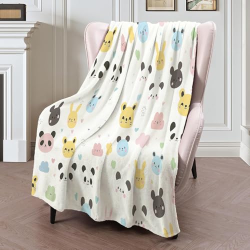 Manta Suave de Sofá Patrón De Cara De Animal, Mantas Suave Estilo De Dibujos Animados, Cálida y Mullida para Sofá y Cama, Super Caliente para Adulto y Niño,Sin Arrugas, Blanco-150x200cm