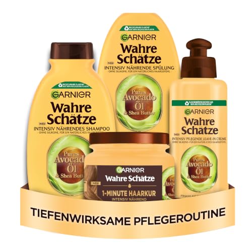 Garnier Wahre Schätze Pflegeset mit Shampoo Spülung Maske und Leave-In Mit Avocado-Öl und Shea-Butter für sehr trockenes welliges lockiges und dickes Haar Für alle Lockentypen geeignet
