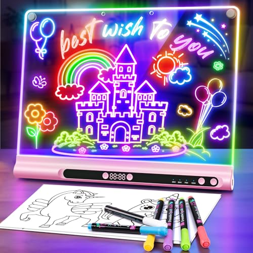 Image of Geokay 16 inch Rechargeable LED Drawing Board, 9-Color Light Modes with Timer & Built-in Stand, Neon Glow Up Dry Erase Doodle Note Pad, Sketching Gift Toy for Kids /Girls /Teens, 6 Markers & Tracing Book
