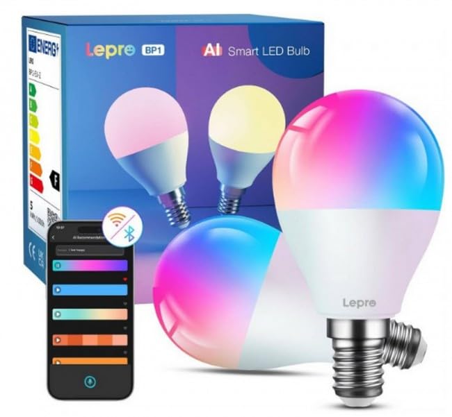 Lepro BP1 AI inteligentna żarówka E14 RGBWW, współpracuje z Alexa i Google Assistant, synchronizacja muzyki, zmiana kolorów, 4,9 W = 40 W, ściemnianie 470 lm, sterowanie głosowe za pomocą aplikacji