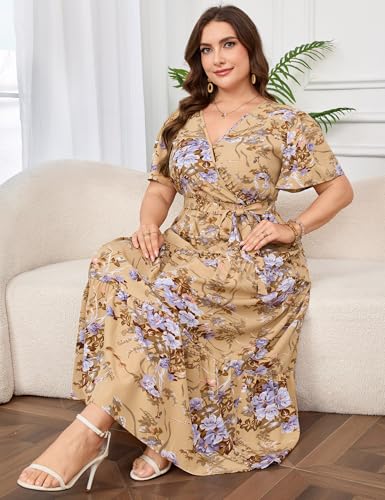 Image of ShopWonder Womens Plus Size V Neck Wrap Maxi Dress High Waist Ruffle Summer Casual Dress with Belt