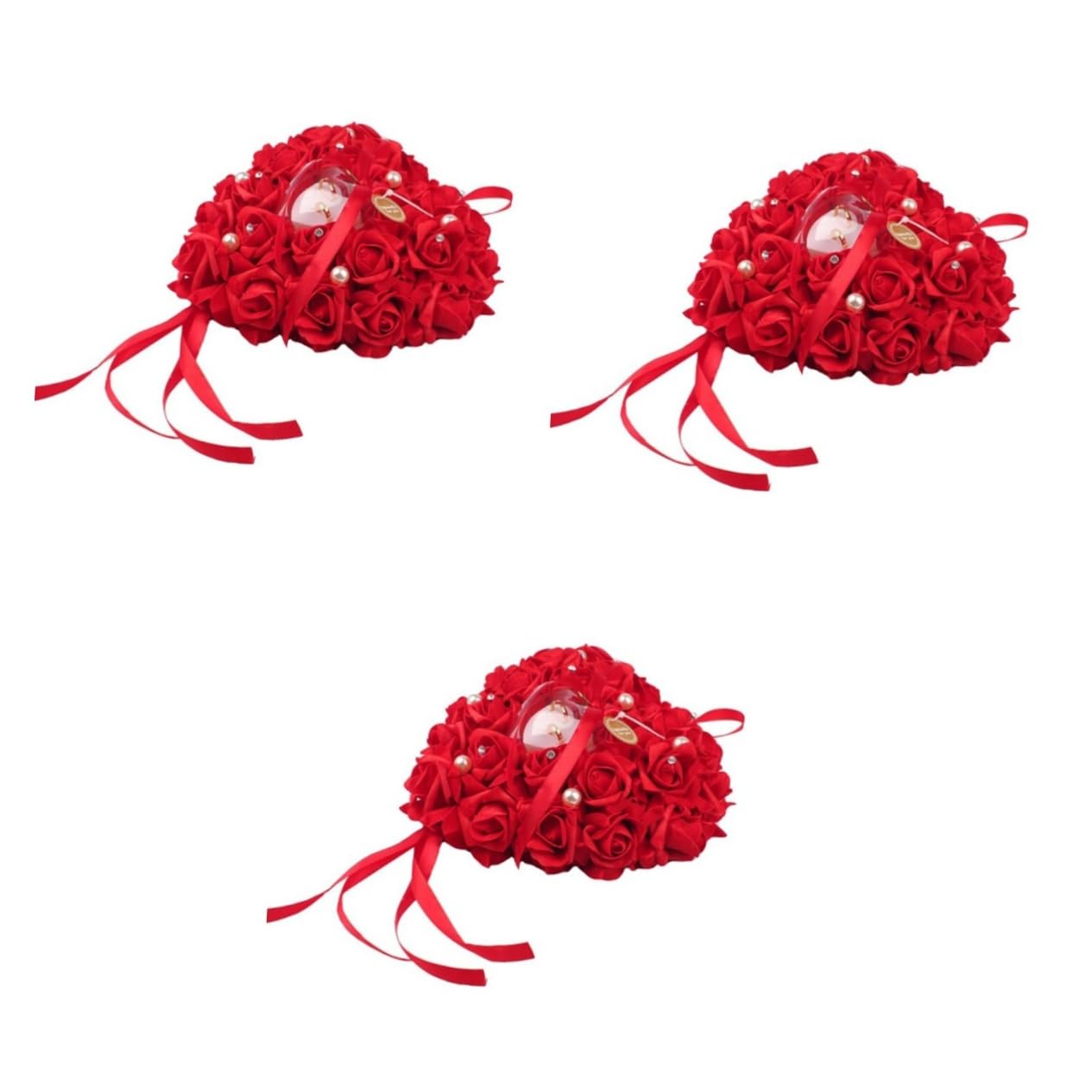 Ciieeo 3 Pièces Anneau Oreiller Porte Bague de cérémonie décorer Porte-Bague Cadeau Ribbon Rituals Faveur de Mariage en Forme de Coeur boîte de Bague réglage de la Bague la mariée Rouge