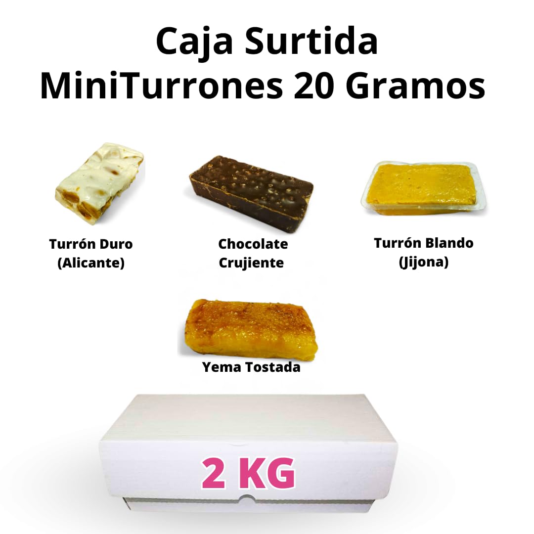 MiniTurrones 20 gramos - Caja Surtida de Porciones individuales de turrón - 2Kg (100 porciones aprox).