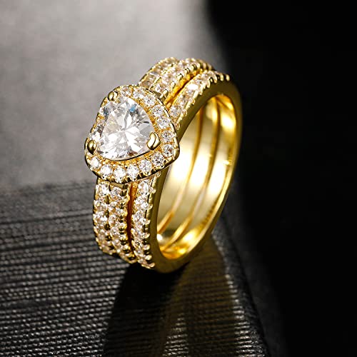 3 Pairs Heart Halo Wedding Rings Set Engagement Ring 18K Yellow Gold Plated Cubic Zirconia Band Promise Eternity Ring for Women Size 94