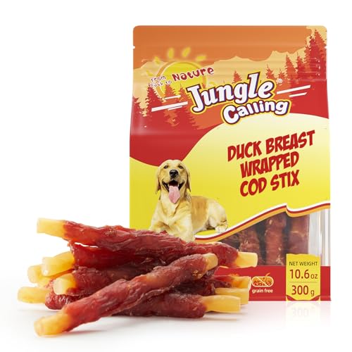 Jungle Calling Duck Wrapped Cod Sticks Dog Treats Rawhide Free Training Rewards Snacks for Dogs Natural Chewy Sticks Treats 10.6 oz