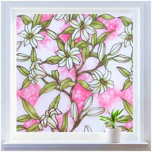 Image of rabbitgoo Stained Glass Window Privacy Film, Pink Lily, 17.5 inch X 78.7 inch | Anti UV Heat Blocking Frosted Glass Static Cling Removable, for Bathroom, Bedroom, Living Room