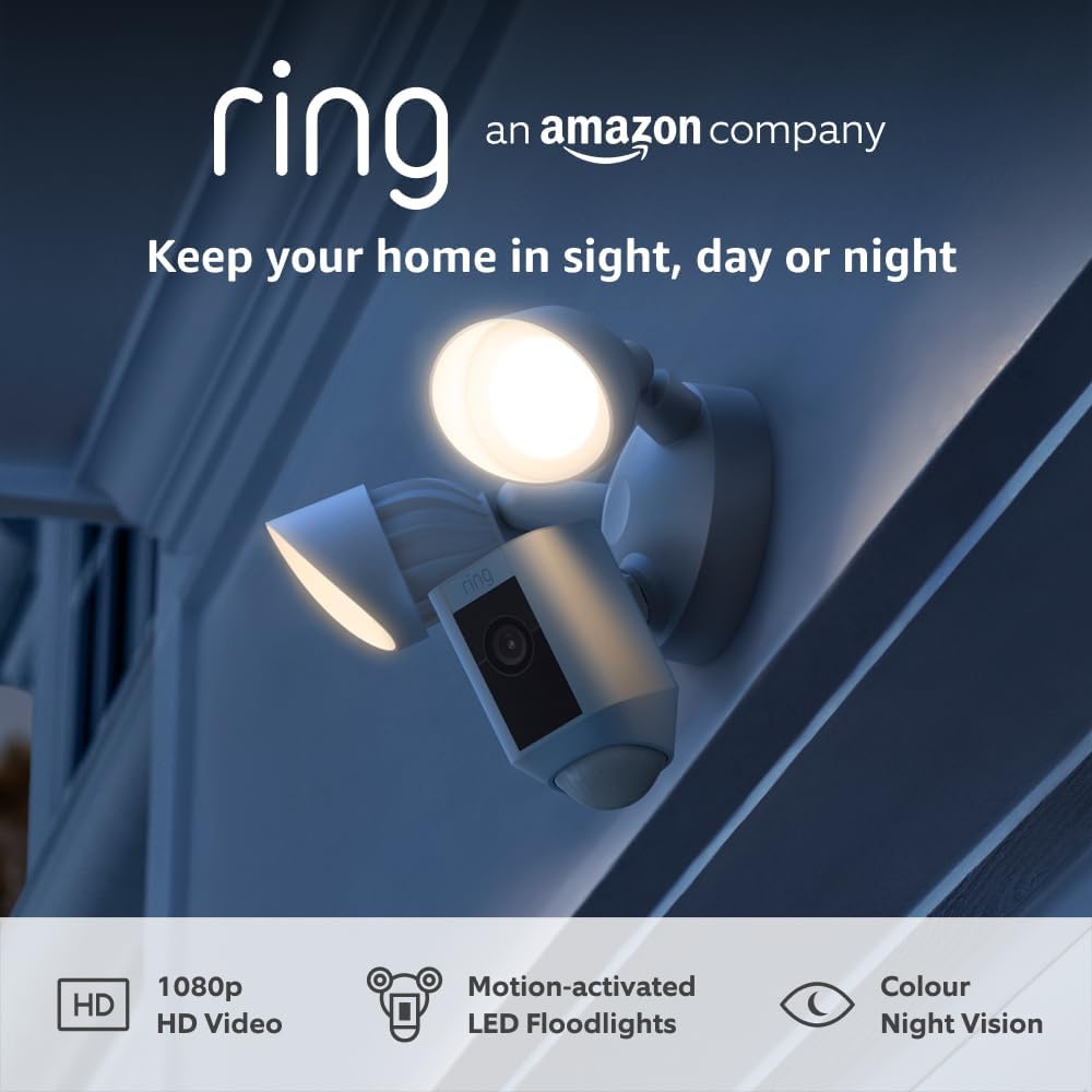 Ring Floodlight Cam Wired Plus | Outdoor Security Camera 1080p HD Video, LED Floodlights, Siren, Wifi, Hardwired | alternative to CCTV system | 30-day free trial of Ring Subscription | White